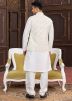 Cream Groomsmen Kurta Pajama With Nehru Jacket In Art Silk