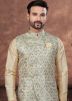 Beige Readymade Dupion Silk Nehru Jacket With Kurta Pajama In Plain 