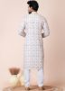 Readymade White Printed Men Art Silk Kurta Pajama