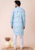 Turquoise Readymade Cotton Men Printed Kurta Pajama