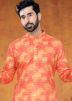 Orange Printed Kurta Pajama In Cotton
