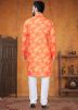 Orange Printed Kurta Pajama In Cotton
