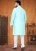 Turquoise Embroidered Kurta Pajama In Silk