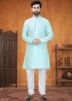 Turquoise Embroidered Kurta Pajama In Silk