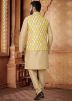 Golden Kurta Set With Printed Nehru Jacket