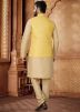 Golden Kurta Set With Printed Nehru Jacket