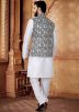 White Kurta Set With Foil Print Nehru Jacket