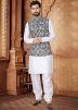 White Kurta Set With Foil Print Nehru Jacket
