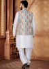 White Kurta Set With Foil Print Nehru Jacket