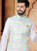 White Kurta Set With Printed Nehru Jacket