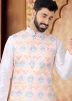 White Kurta Set With Printed Nehru Jacket In Silk