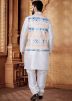 White Kurta Set With Printed Nehru Jacket In Silk