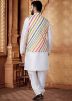 White Kurta Set With Floral Print Nehru Jacket