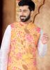 White Kurta Set With Foil Print Nehru Jacket