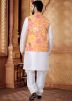 White Kurta Set With Foil Print Nehru Jacket