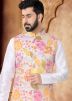 White Kurta Set With Foil Print Nehru Jacket In Silk