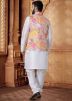White Kurta Set With Foil Print Nehru Jacket In Silk