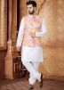 White Kurta Set With Foil Print Nehru Jacket In Silk