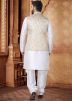 White Kurta Set With Printed Nehru Jacket