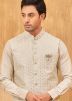Men Cream Kurta Pant With Embellished Nehru Jacket