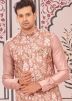 Peach Men Kurta Pant With Printed Nehru Jacket