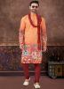Readymade Orange Embroidered Men Kurta Pajama In Rayon