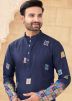 Navy Blue Readymade Digital Print Men Kurta Pajama In Art Silk