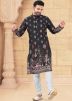 Black Readymade Digital Printed Men Kurta Pajama In Art Silk