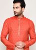 Orange Readymade Foil Printed Men Art Silk Kurta Pajama 