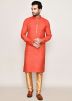 Orange Readymade Foil Printed Men Art Silk Kurta Pajama 