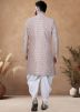 Pink Readymade Printed Men Indowestern Sherwani With Dhoti In Jacquard 