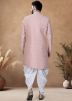 Pink Readymade Woven Men Asymmetric Sherwani With Dhoti In Jacquard 
