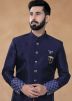 Blue Readymade Men Printed Indowestern Sherwani With Dhoti In Jacquard
