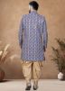 Blue Readymade Embroidered Men Indowestern Sherwani With Dhoti In Cotton