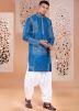 Readymade Blue Printed Dhoti Kurta Set In Silk