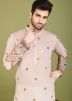 Beige Men Thread Embroidered Viscose Silk Kurta