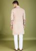 Beige Men Thread Embroidered Viscose Silk Kurta
