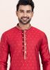 Red Woven Men Jacquard Kurta Pajama For Men