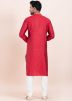 Red Woven Men Jacquard Kurta Pajama For Men
