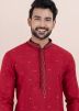 Red Embroidered Kurta Pajama In Cotton