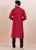 Red Embroidered Kurta Pajama In Cotton