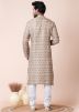 Brown Printed Men Kurta Pajama In Silk