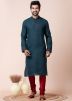 Readymade Teal Blue Plain Men Kurta Pajama Set