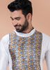 White Men Printed Dhoti Kurta Set In Dupion Silk