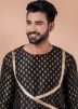Black Printed Men Dhoti Kurta In Dupion Silk