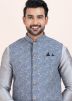 Grey Woven Kurta Pajama With Nehru Jacket