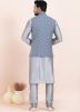 Grey Woven Kurta Pajama With Nehru Jacket