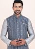 Grey Kurta Pajama With Nehru Jacket In Woven Work