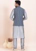 Grey Kurta Pajama With Nehru Jacket In Woven Work