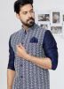 Blue Embroidered Men Kurta Pajama With Nehru Jacket